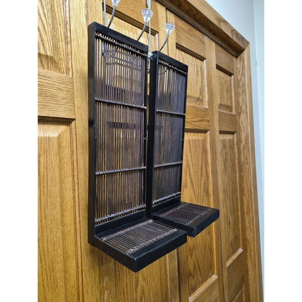 Set Of 2 Vintage Black Bamboo Wall Sconces Shelves Boho MCM Tokyo 6x18